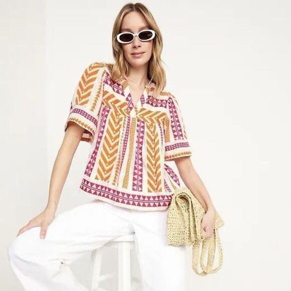 Old Navy Western Short Sleeve Textured V-Neck Tunic Size L Navajo Pink Orange - Picture 5 of 7